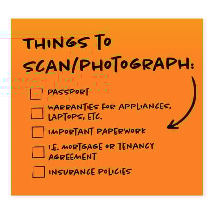 An orange post-it note style background with a checklist of things to scan and photograph for your house move - it includes passport, warranties for appliances, important paperwork, mortgage or tenancy agreement, insurance policies