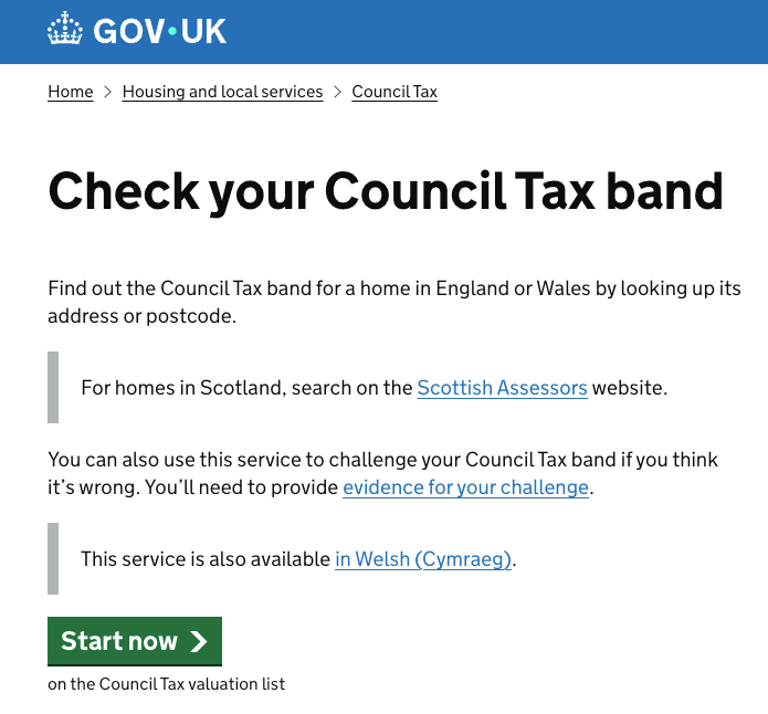 Gov UK council tax band search tool